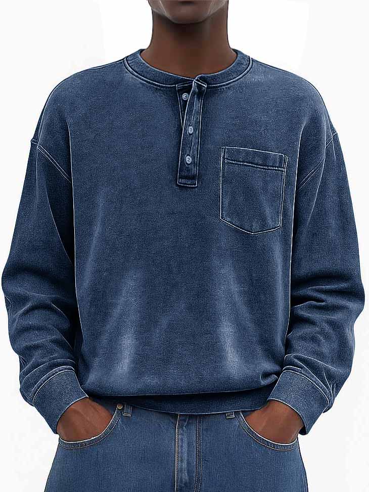 Men's Stylish Vintage Washed And Distressed Fabric Loose-fitting Long-sleeved Henley Shirt With Pockets