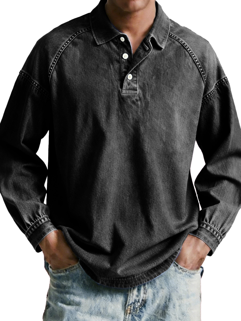 Men's wear, retro, retro, loose, raglan, long-sleeved polo shirt