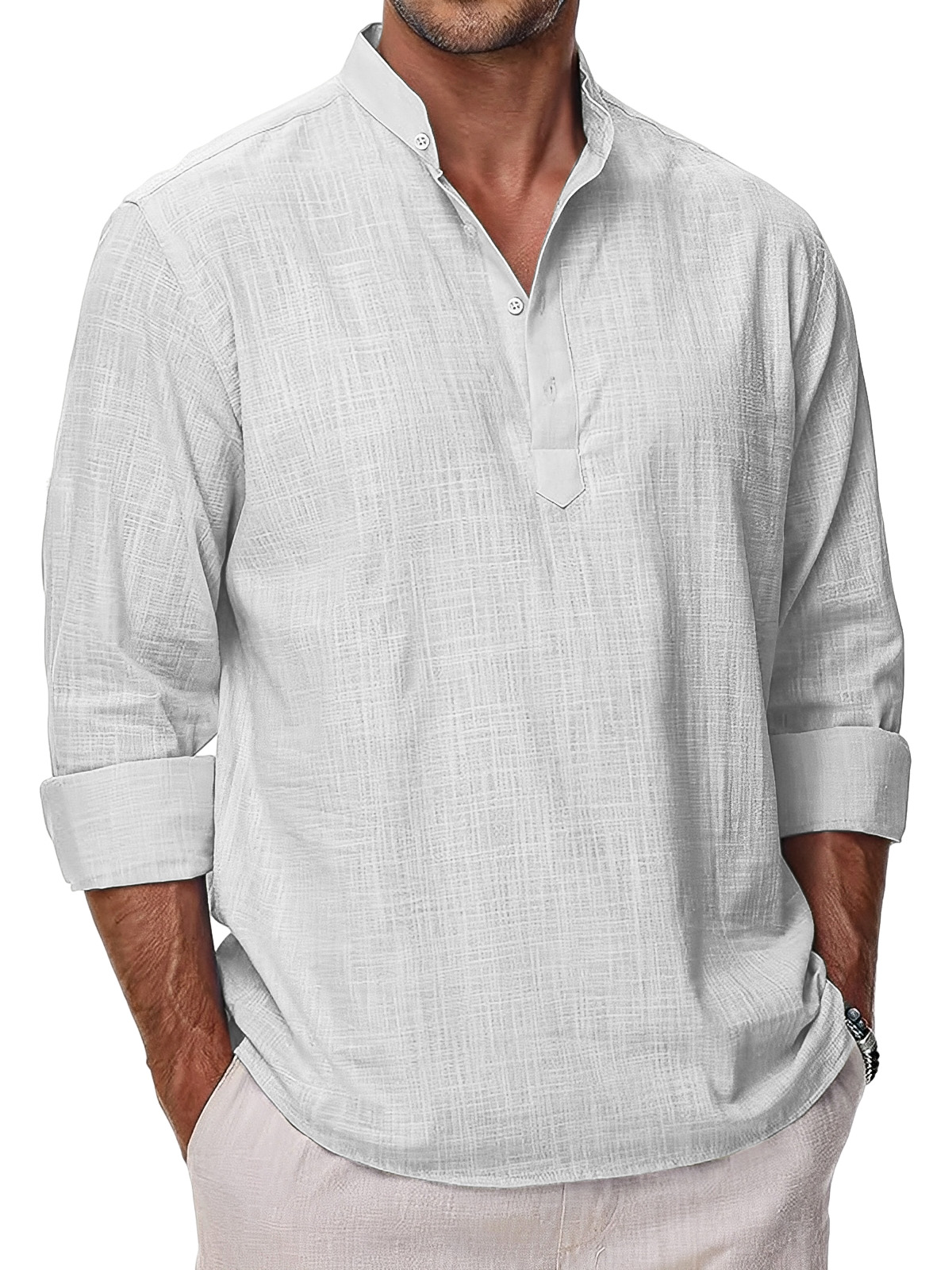 Men's Simple Solid Color Casual Long Sleeve Stand Collar Polo Shirt