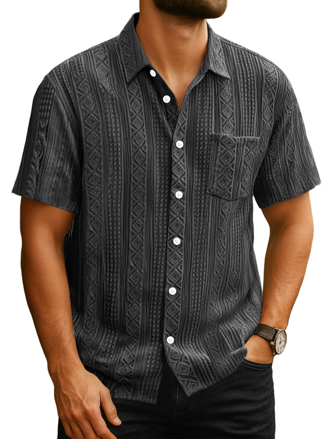 Men's Daily Casual Jacquard Texture Pocket Solid Color Short-sleeved Shirt
