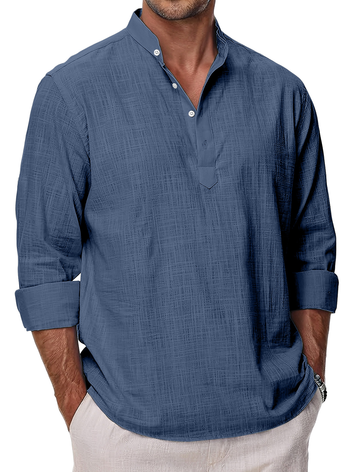 Men's Simple Solid Color Casual Long Sleeve Stand Collar Polo Shirt