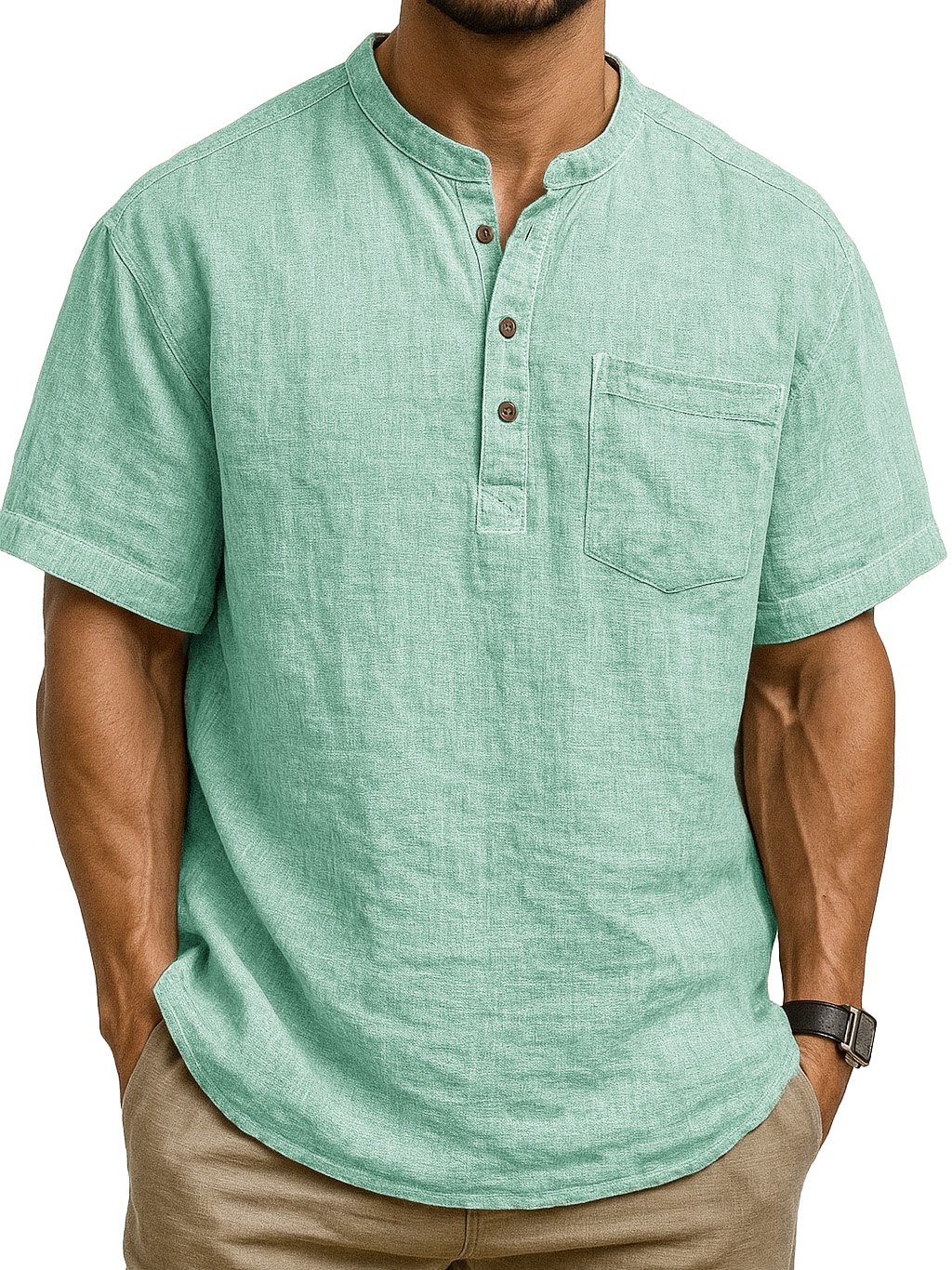 Men's Fashion Retro Ramie Fabric Pocket Short-sleeved Henley Shirt