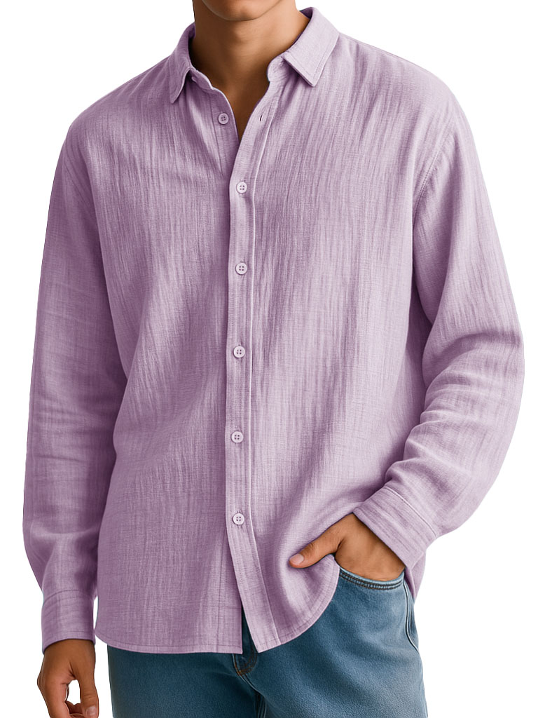 Men's Clothing Fashionable Casual Imitation Linen Fabric Long-sleeved Lapel Shirt