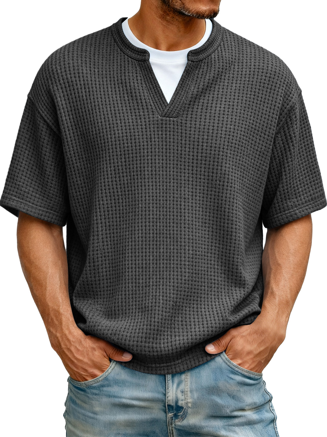 Men's Waffle-knit Two-piece Look Casual Solid Color Short-sleeved T-shirt