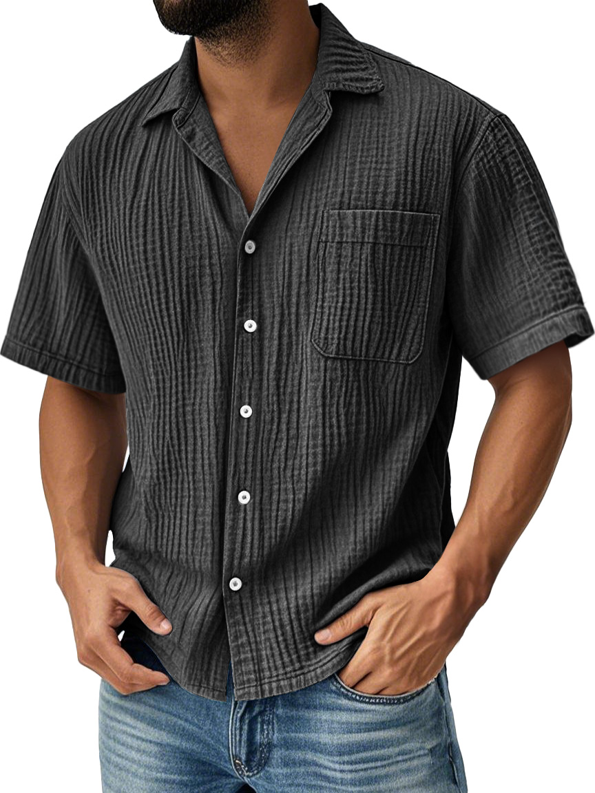 Men's Daily Pleated Pocket Casual Solid Color Short Sleeve Shirt