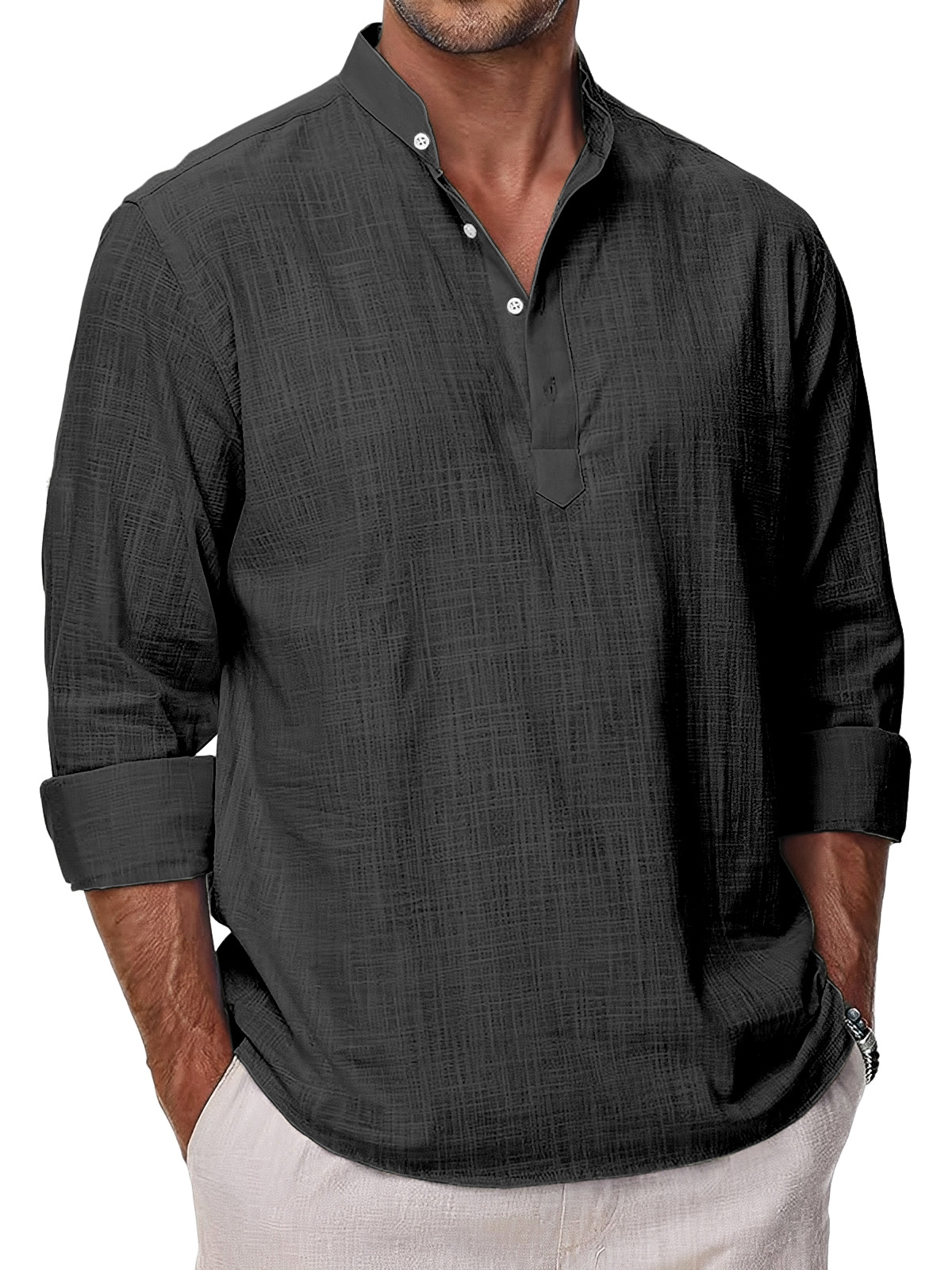 Men's Simple Solid Color Casual Long Sleeve Stand Collar Polo Shirt