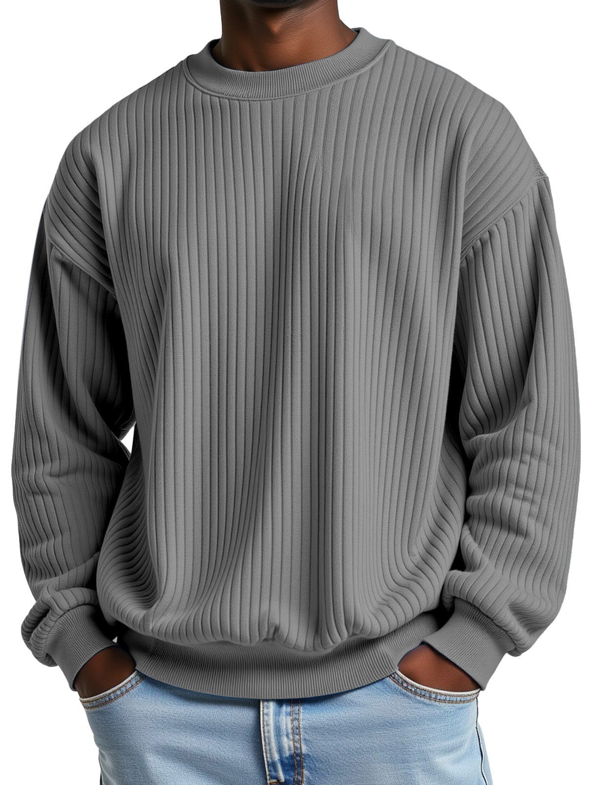 Men's Simple and Comfortable Ribbed Loose Crew Neck Sweatshirt
