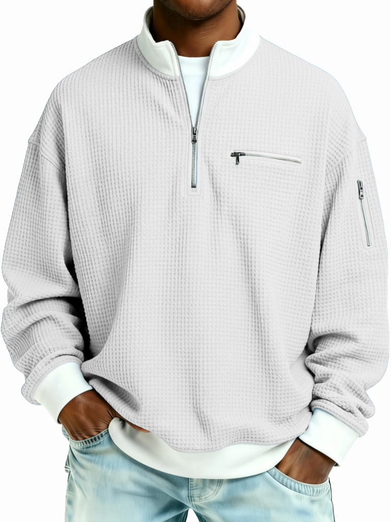 Men's Fashion Casual Patchwork Zipper Stand Collar Waffle Gown Long-Sleeve Top