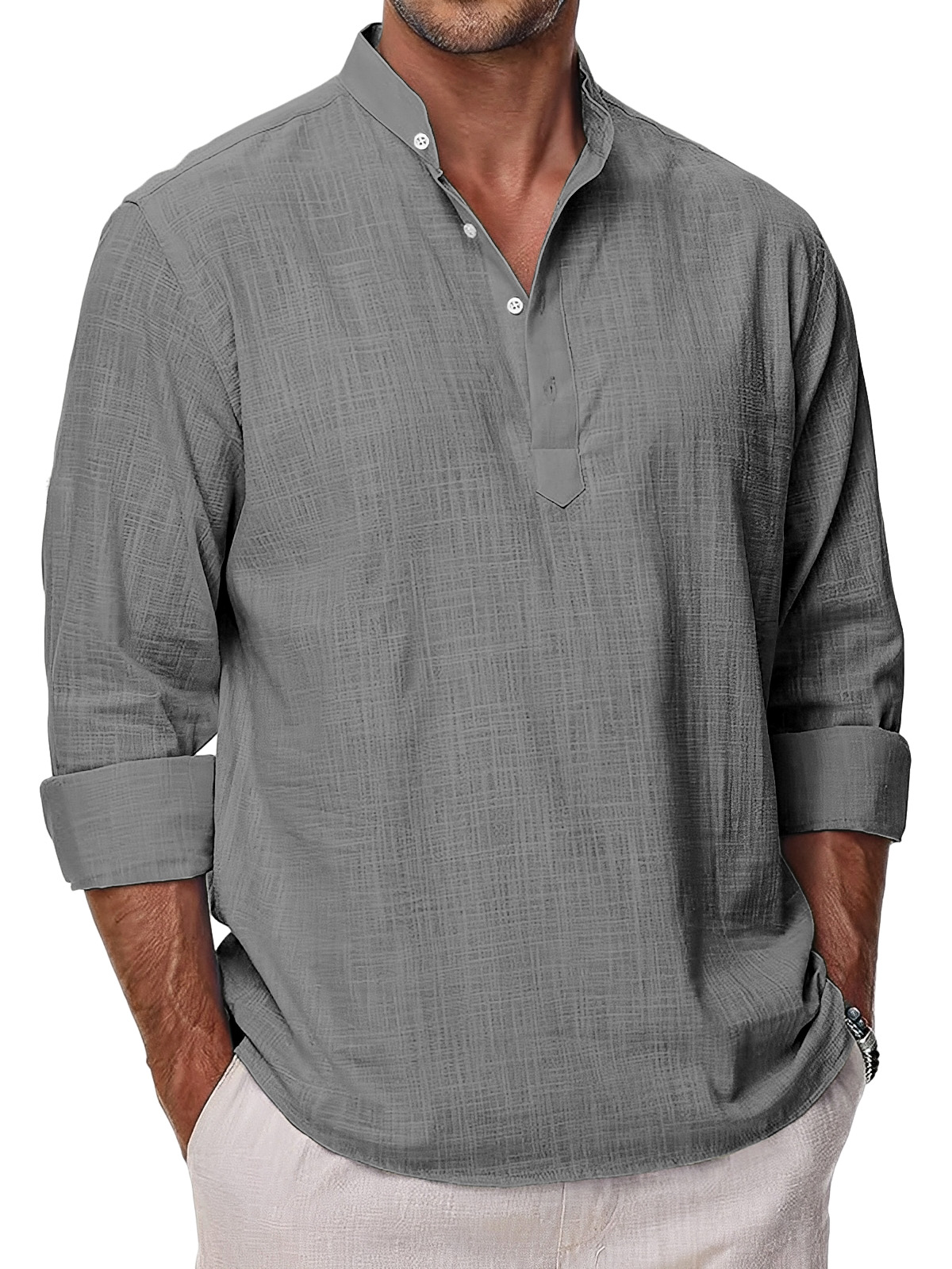 Men's Simple Solid Color Casual Long Sleeve Stand Collar Polo Shirt