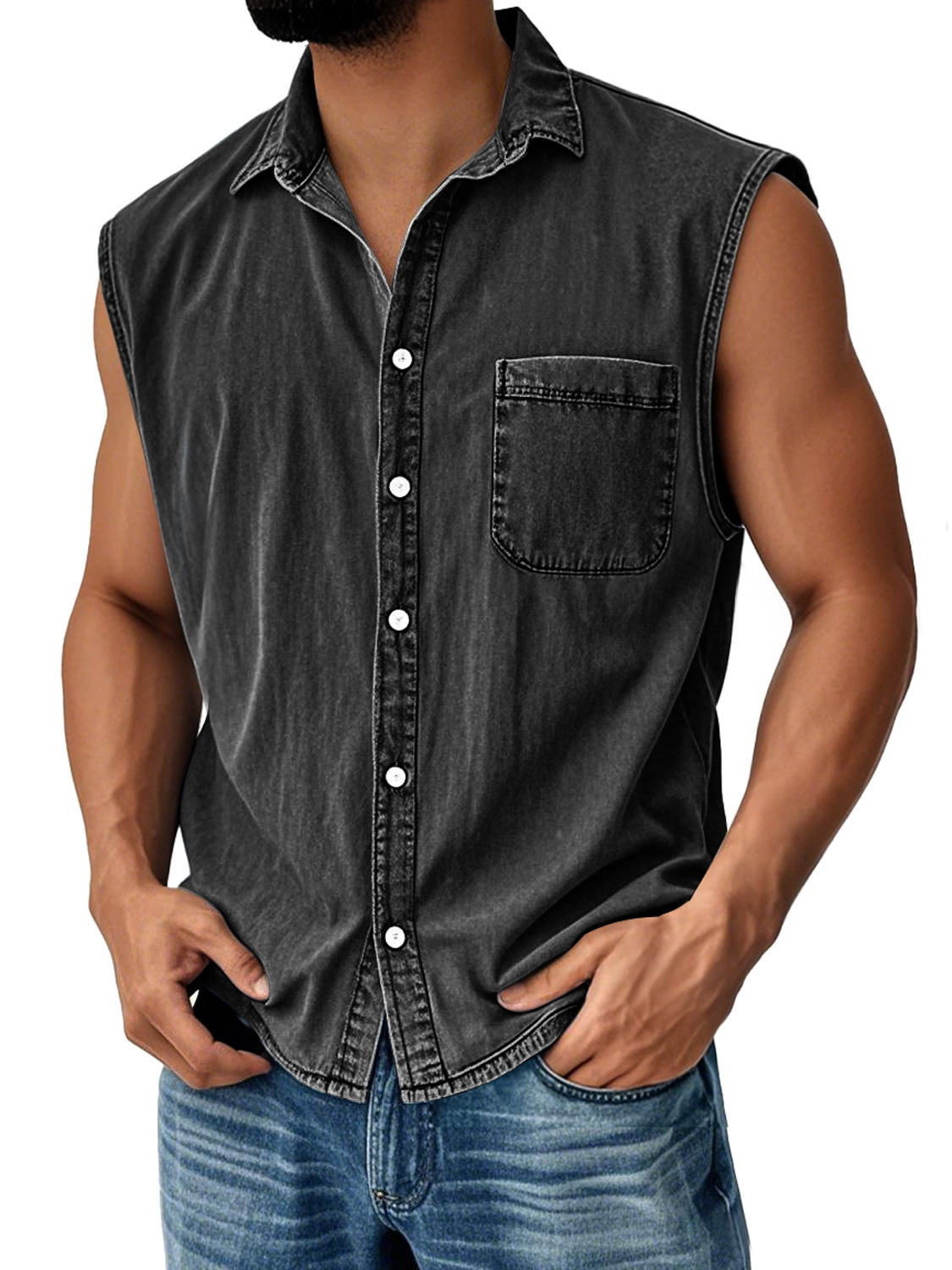 Men's Vintage Everyday Lapel Pocket Casual Sleeveless Shirt