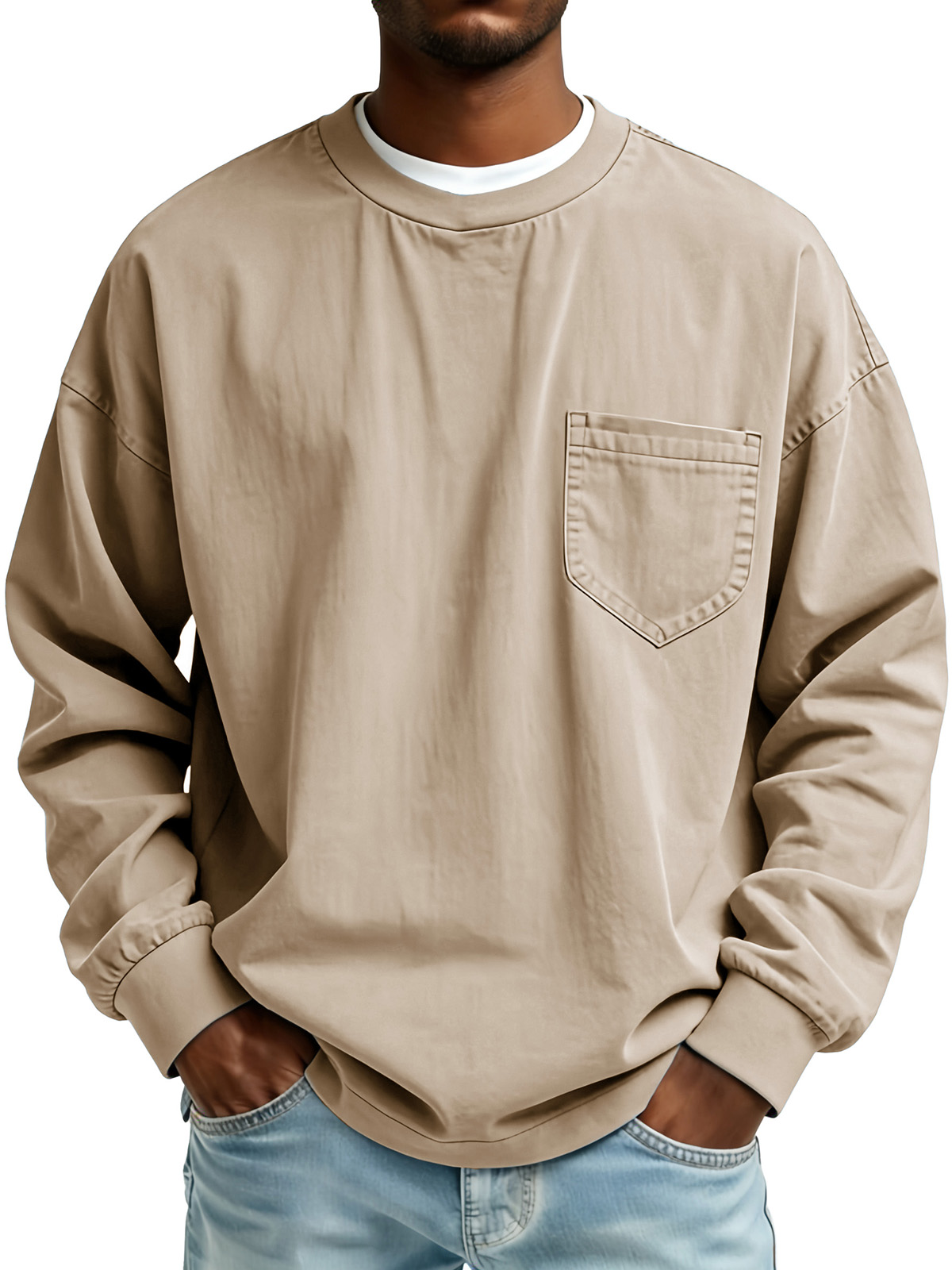 Men's Fashionable Retro Pleated Fabric Long-Sleeved Pocket Top