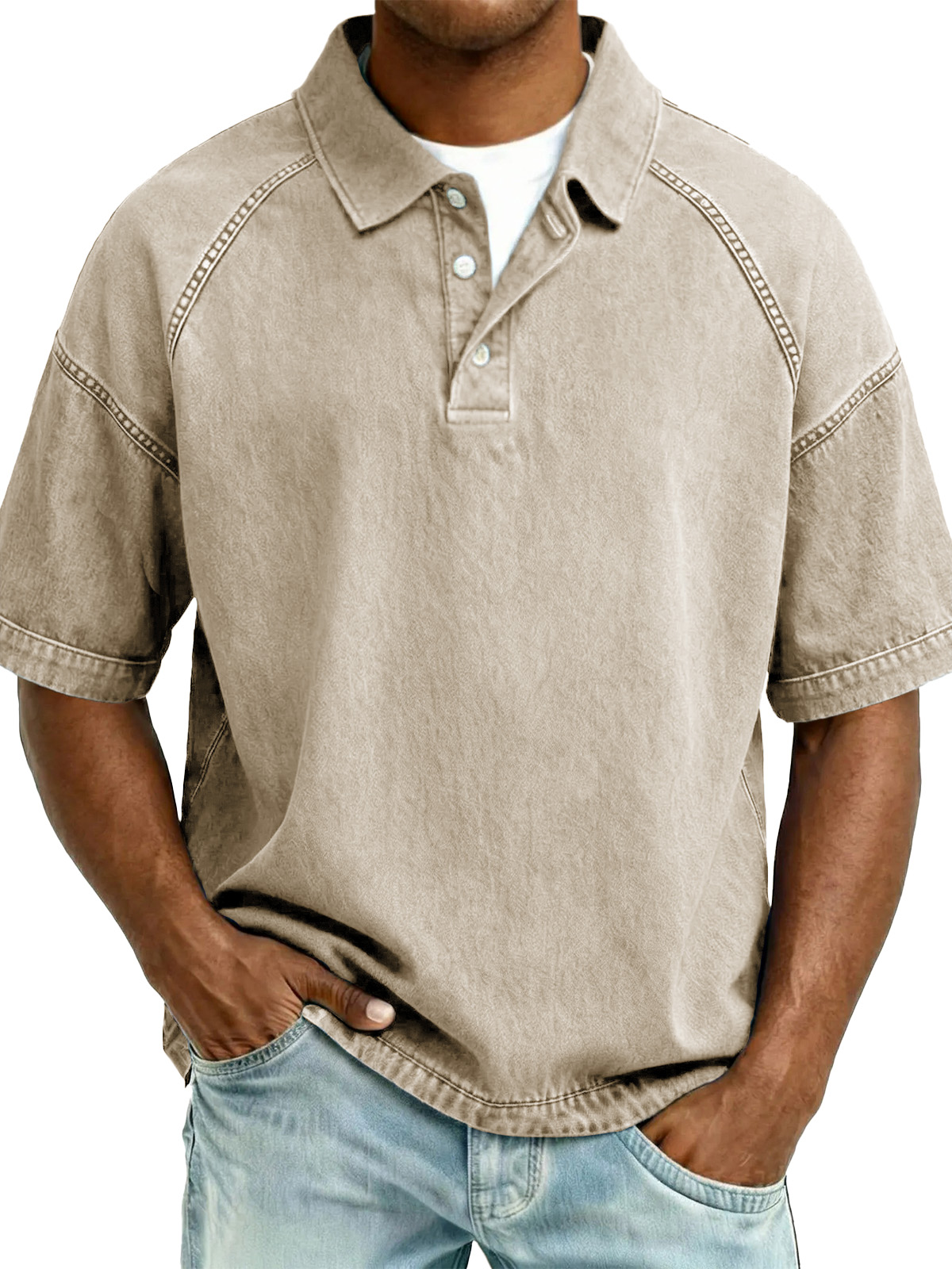 Men's Retro Distressed Raglan Short-Sleeve Polo Shirt