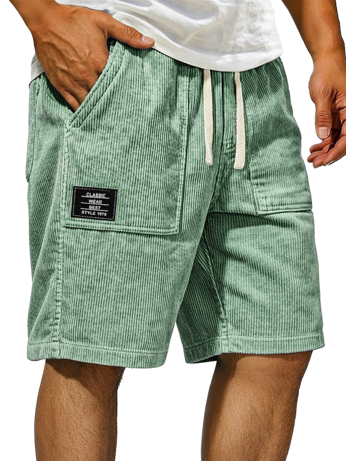 Men's Vintage Corduroy Shorts With Patch Pockets And Embroidered Logo