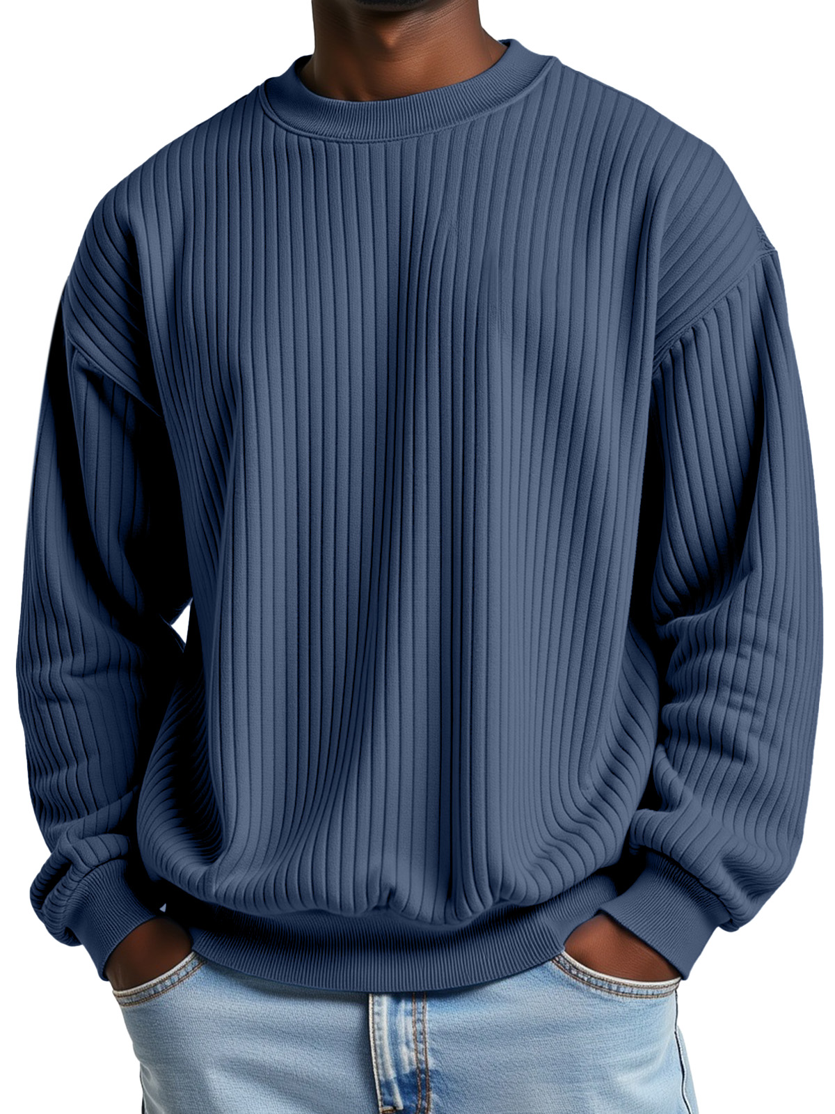 Men's Simple and Comfortable Ribbed Loose Crew Neck Sweatshirt