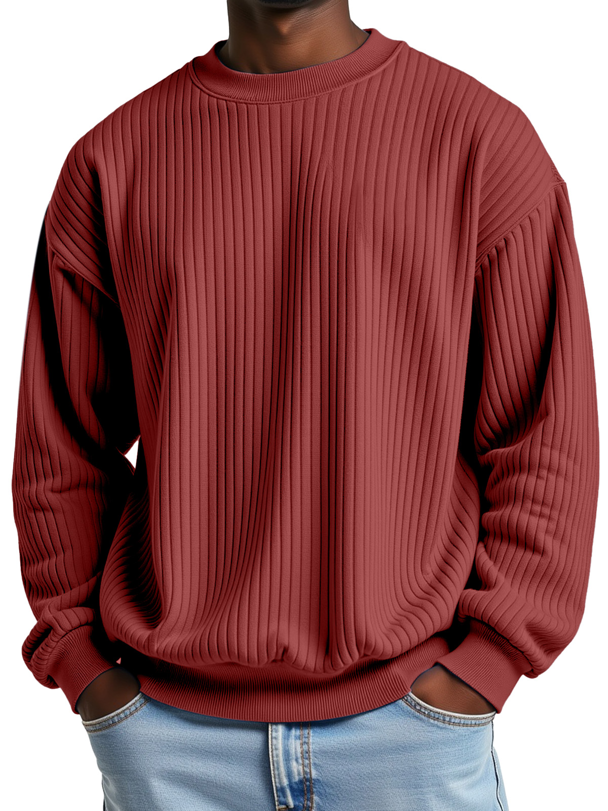 Men's Simple and Comfortable Ribbed Loose Crew Neck Sweatshirt