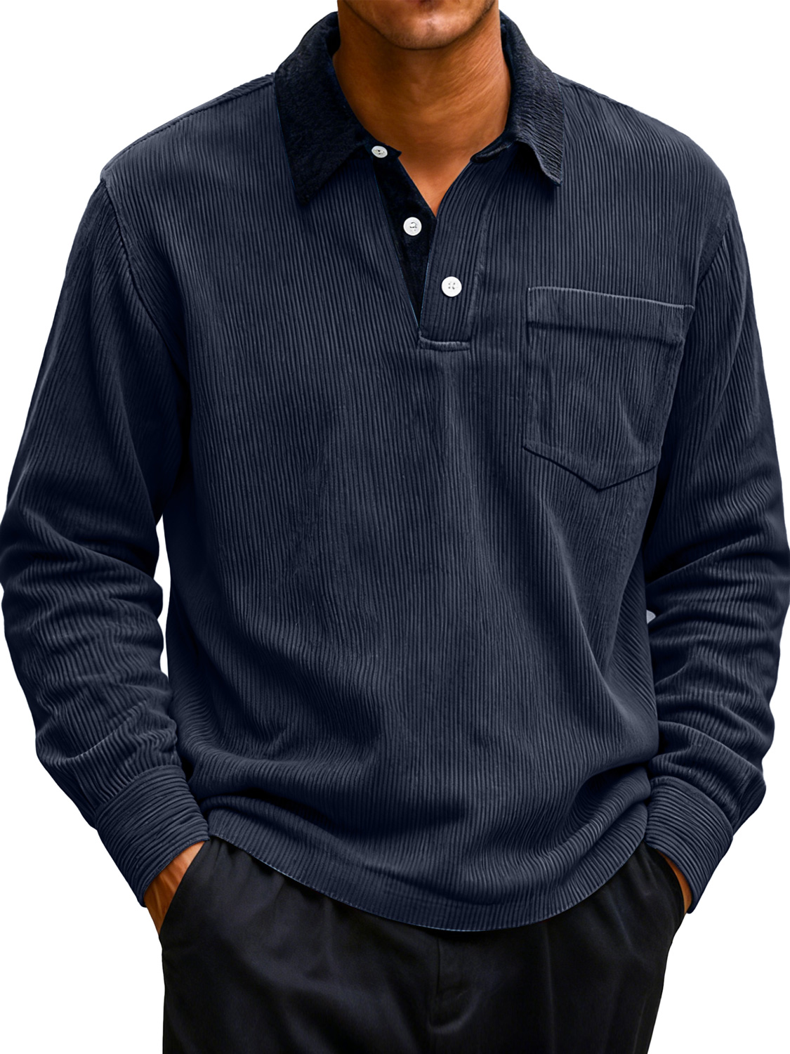 Men's Corduroy Lapel Stitching Casual Long-sleeved Polo Shirt