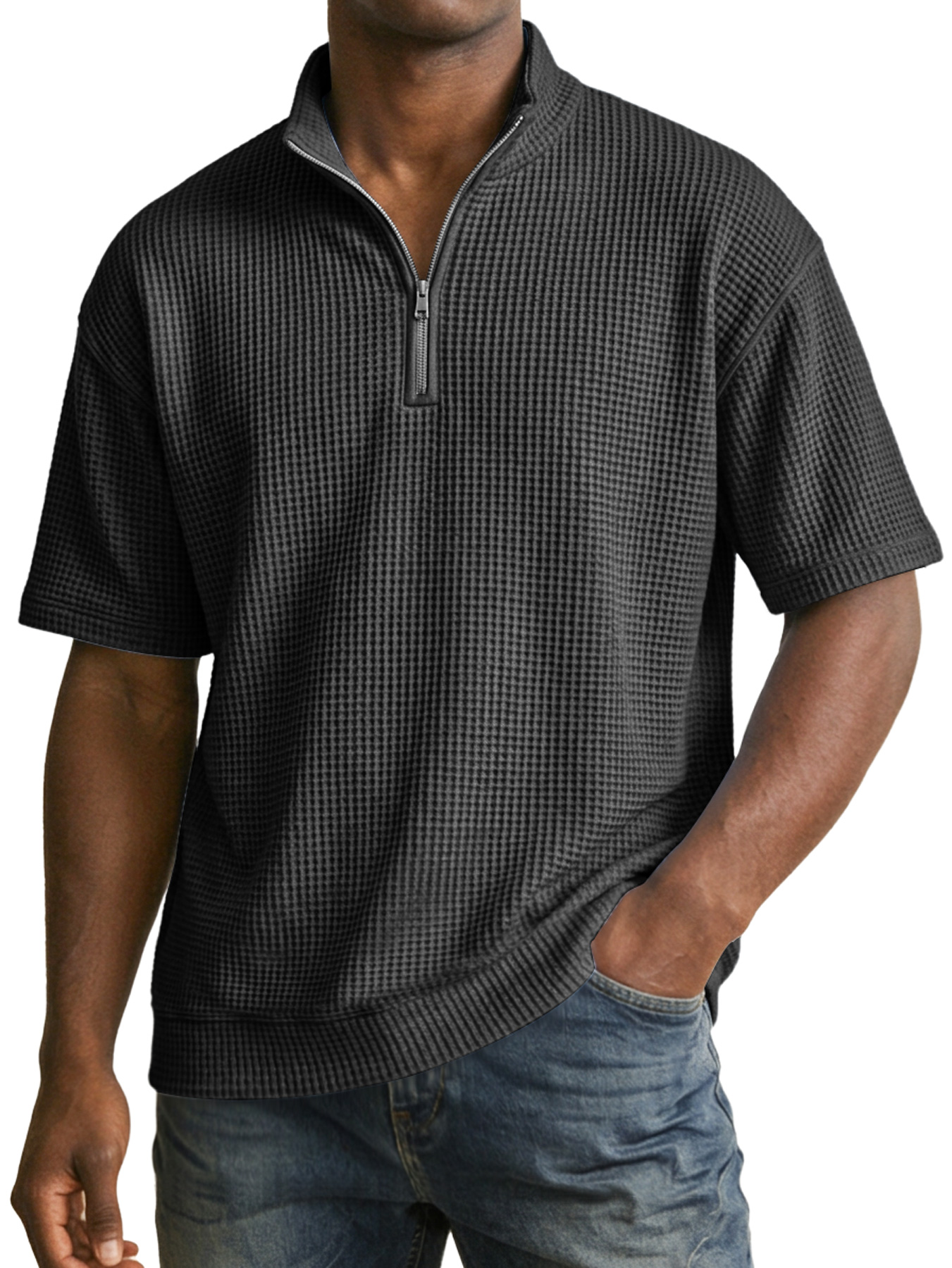 Men's Waffle Collar Zipper Casual Short-Sleeve T-Shirt