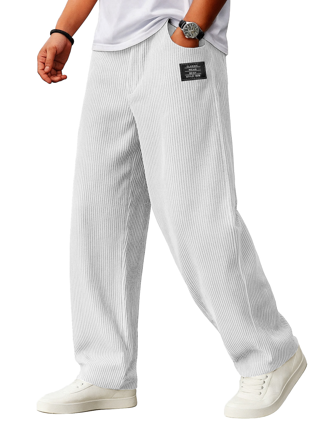 Men's Stylish Everyday Corduroy Ribbed Fabric Pants With Loose-fitting Drawstring Waist And Embroidered Logo
