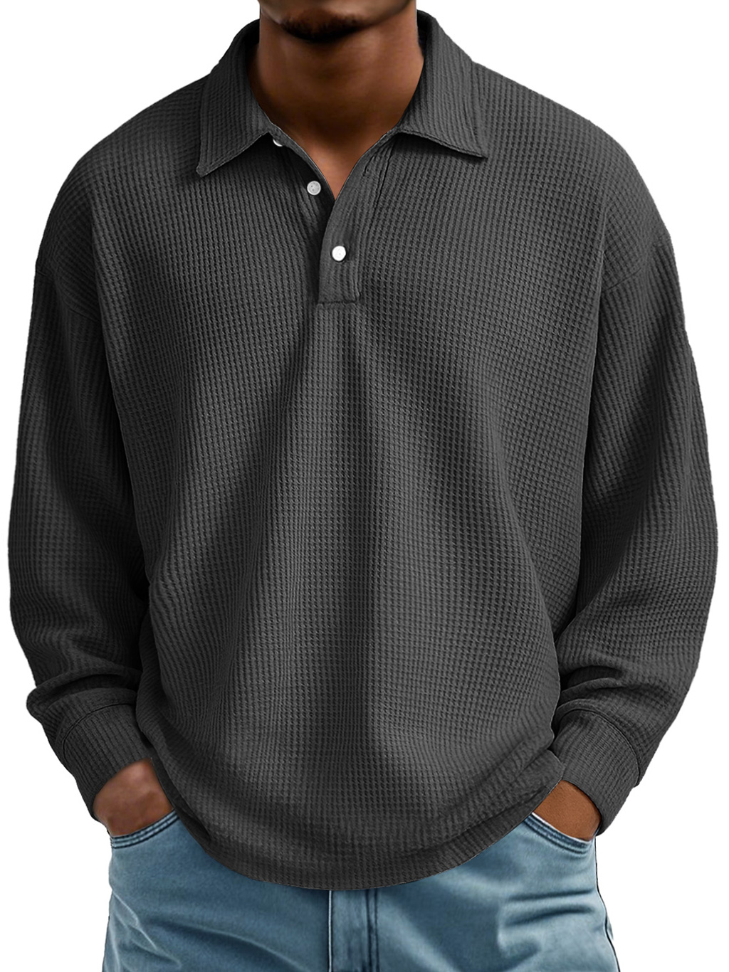 Men's Waffle Casual Lapel Button-down Long-sleeved Polo Shirt