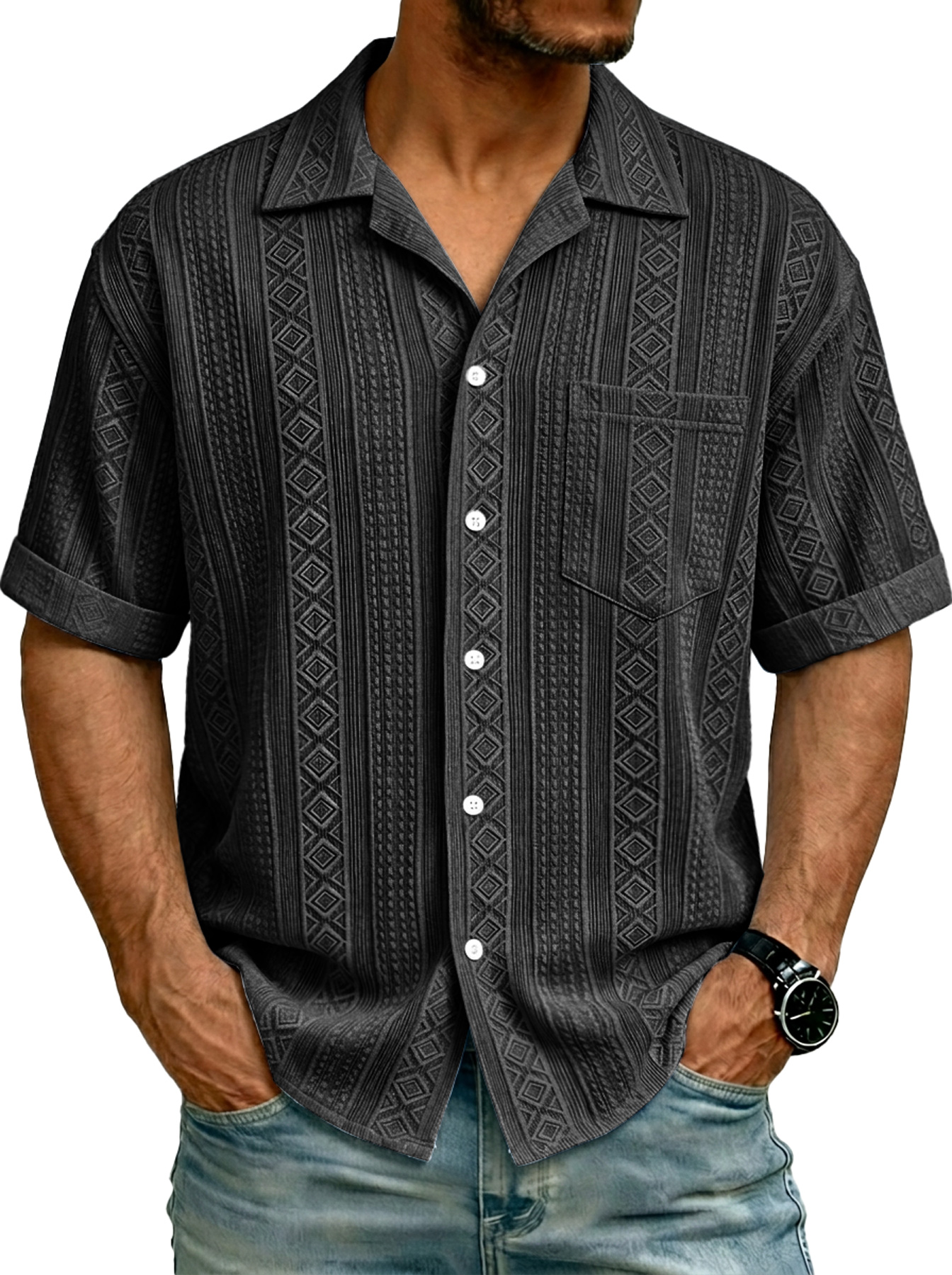 Men's Simple Textured Pocket Casual Short-Sleeve Shirt