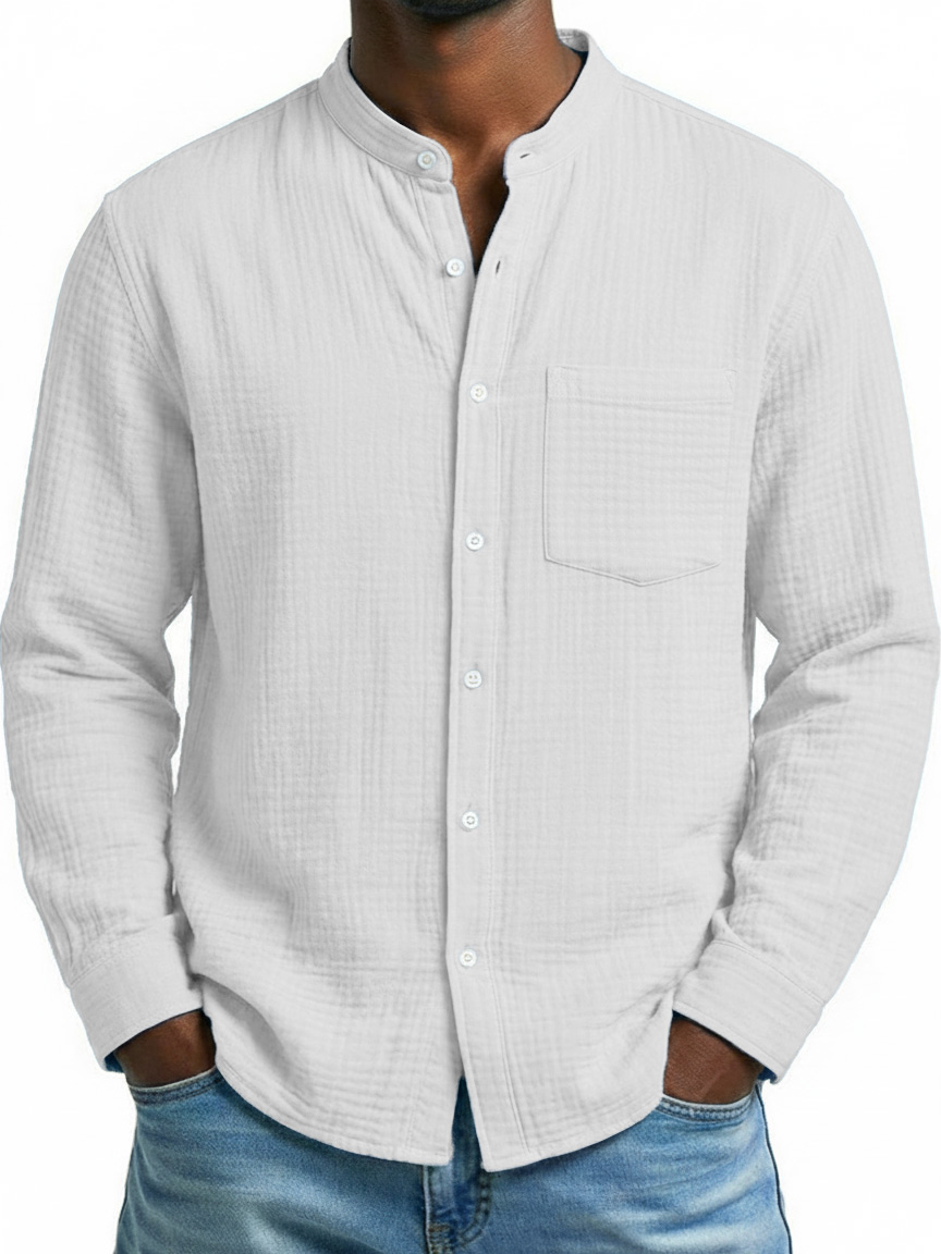 Men's Fashion Casual Retro Stand-Up Collar Pleated Fabric Long-Sleeve Shirt