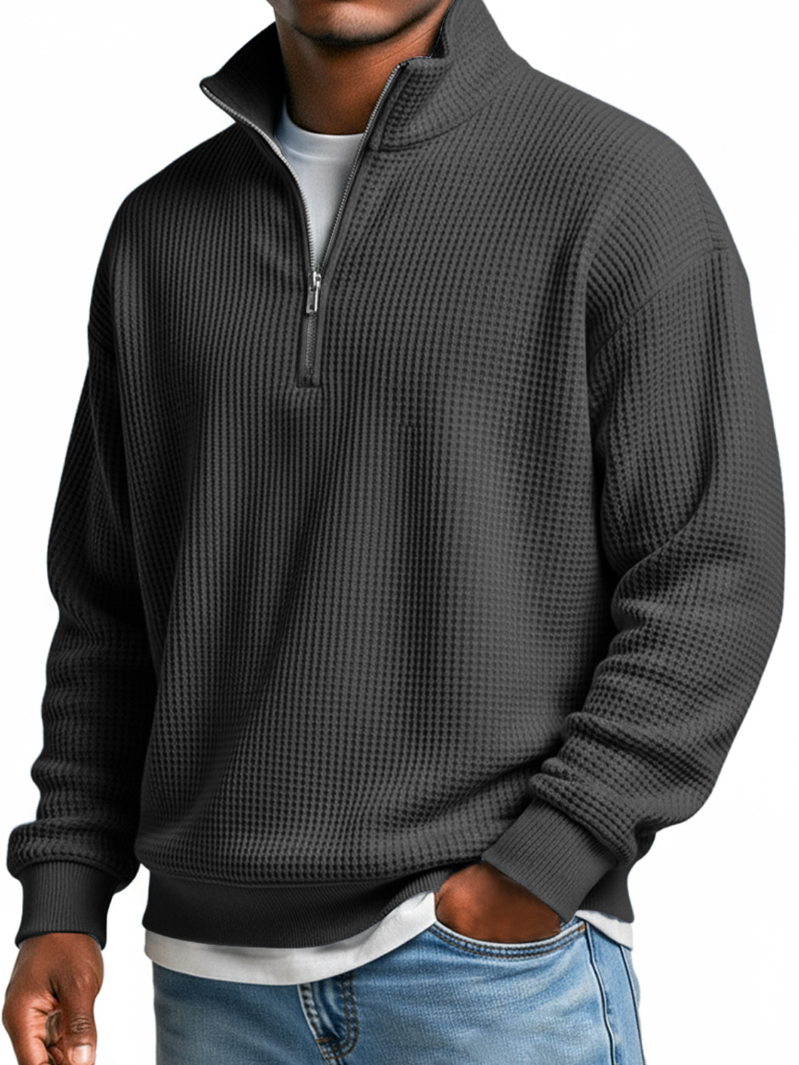 Men's Everyday Waffle Stand Collar Zipper Casual Long Sleeve T-shirt