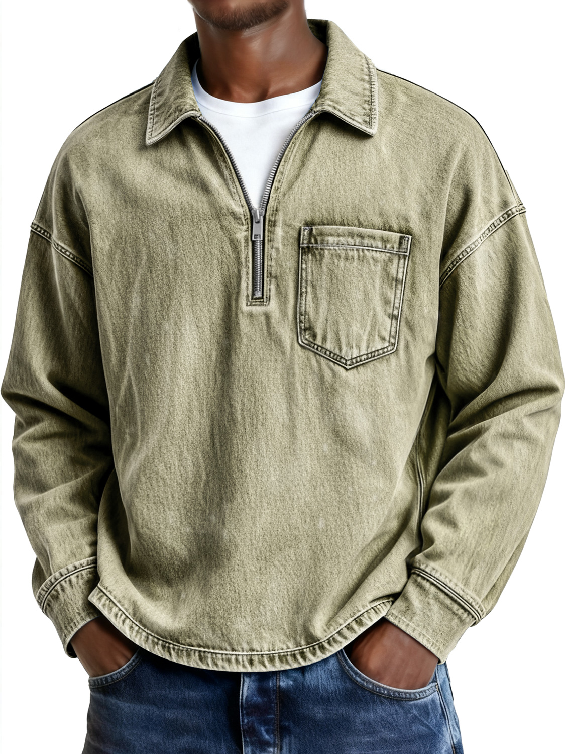 Men's Retro Lapel Zipper Casual Pocket Long-Sleeve Polo Shirt