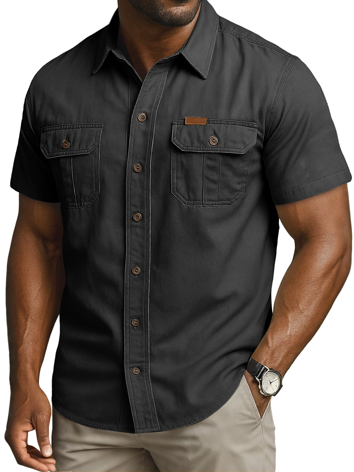 Men's Vintage Double Pocket Embroidered Leather Label Casual Work Shirt