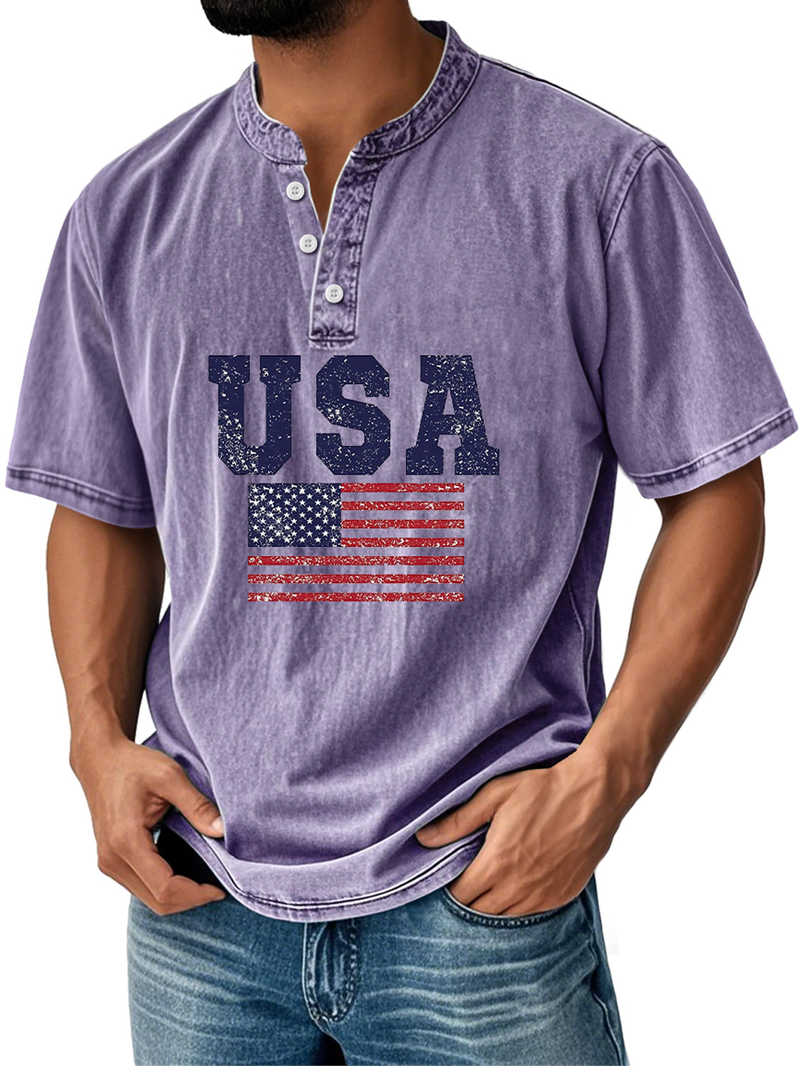 Men's Everyday Independence Day Flag Print Casual Stand Collar Short Sleeve Henley Shirt