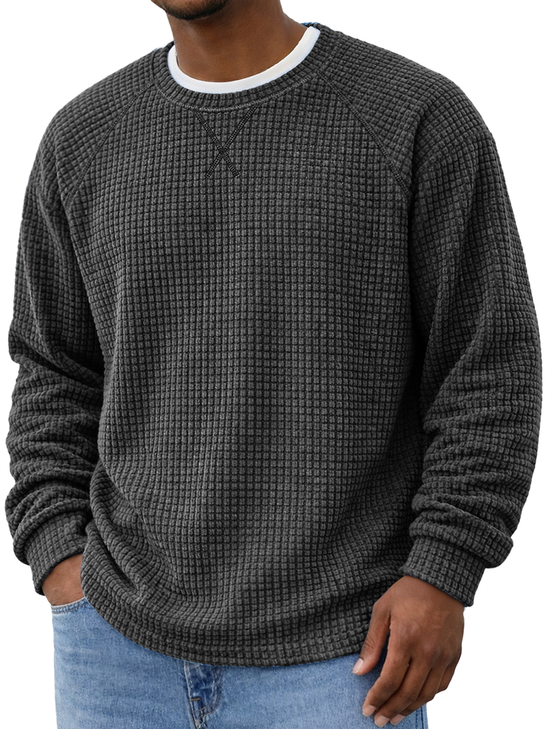 Men's Crew Neck Raglan Sleeve Corduroy Waffle Knit Long-sleeved T-shirt With Crossover Design