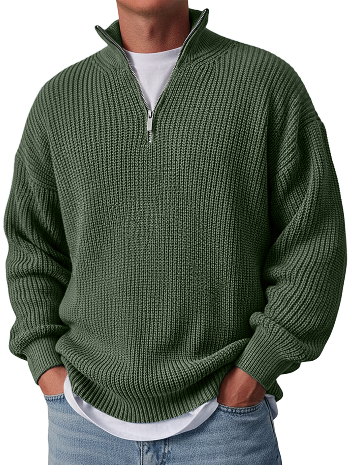 Men's Simple Casual Loose Stand Collar Zipper Solid Color Sweater
