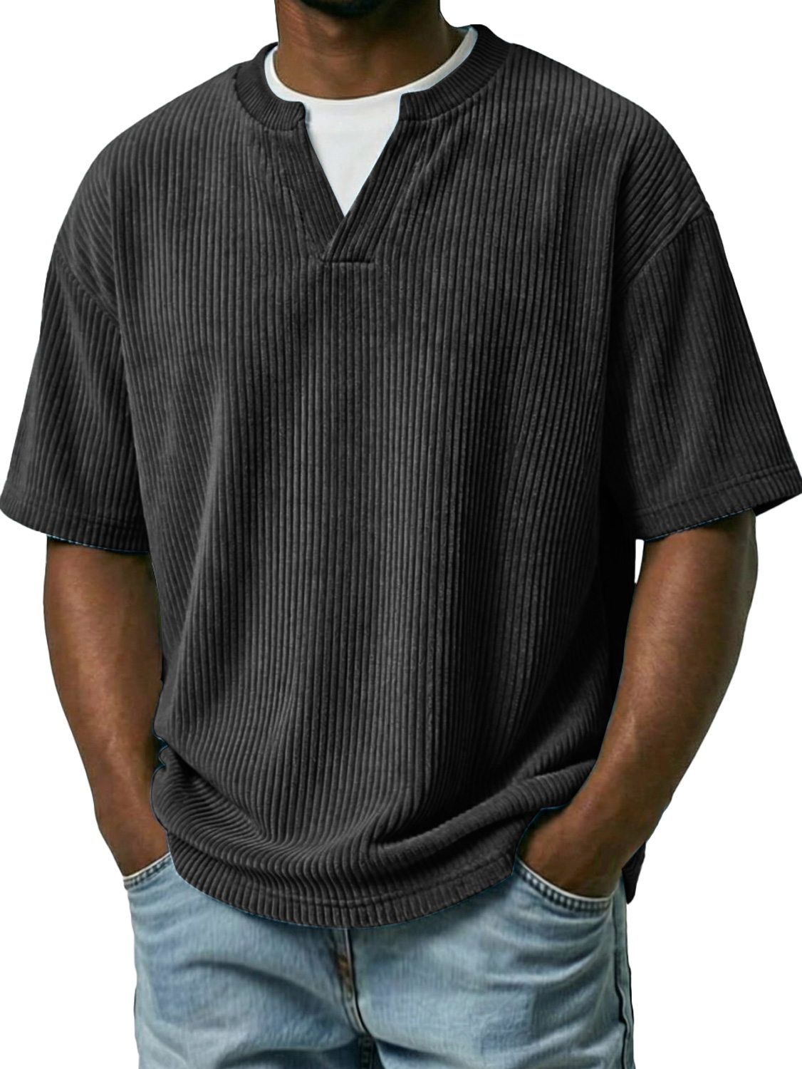 Men's Corduroy Faux Two-piece Double-collar Casual Short-sleeved T-shirt