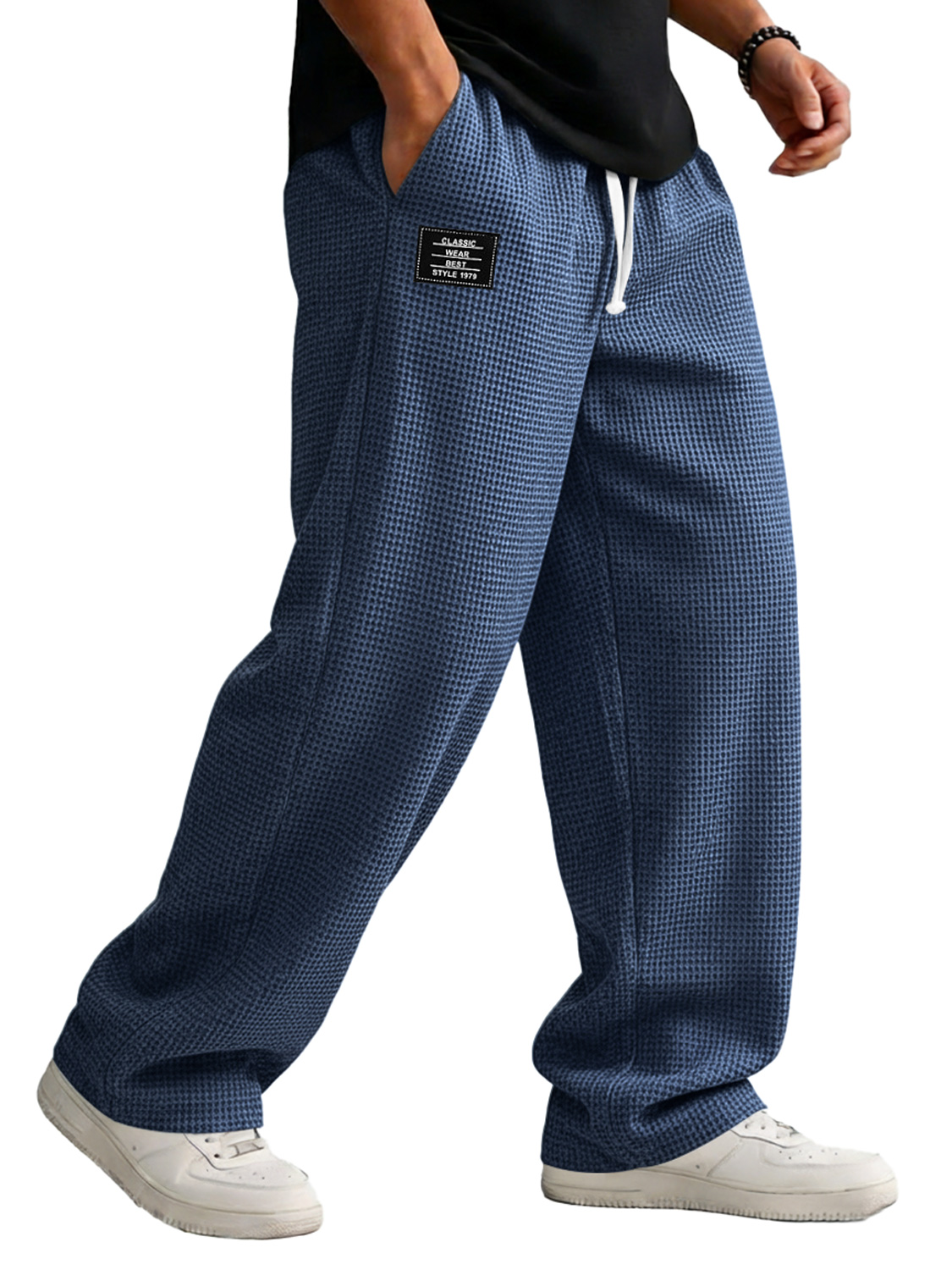 Men's Loose-fitting Waffle-knit Casual Trousers With Elastic Waistband And Embroidered Logo