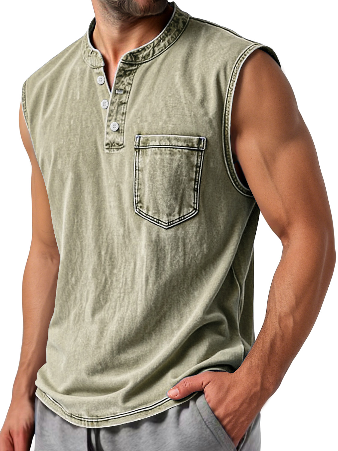 Men's Vintage Stand Collar Button Casual Comfort Sleeveless Henley Shirt