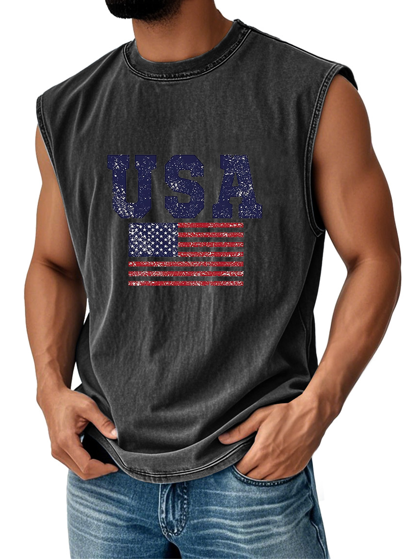 Men's Everyday Vintage American Independence Day Flag Printed Crew Neck Sleeveless Tank Top