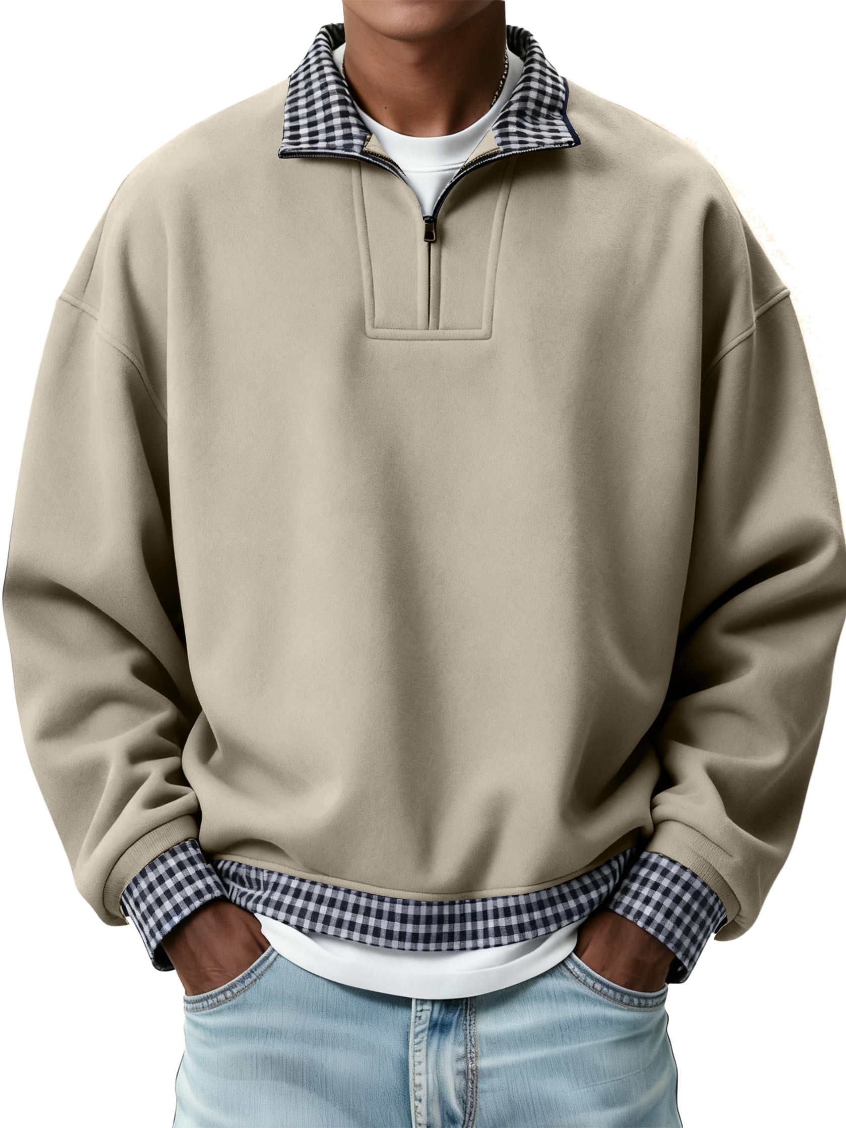 Men's Retro Casual Plaid Patchwork Quarter Zip Sweatshirt