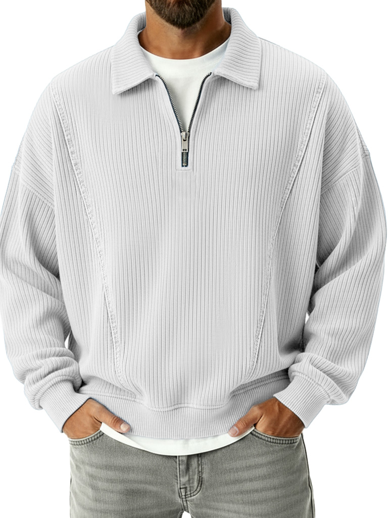 Men's Retro Fashion Ribbed Collar Zipper Long-Sleeve Polo Shirt