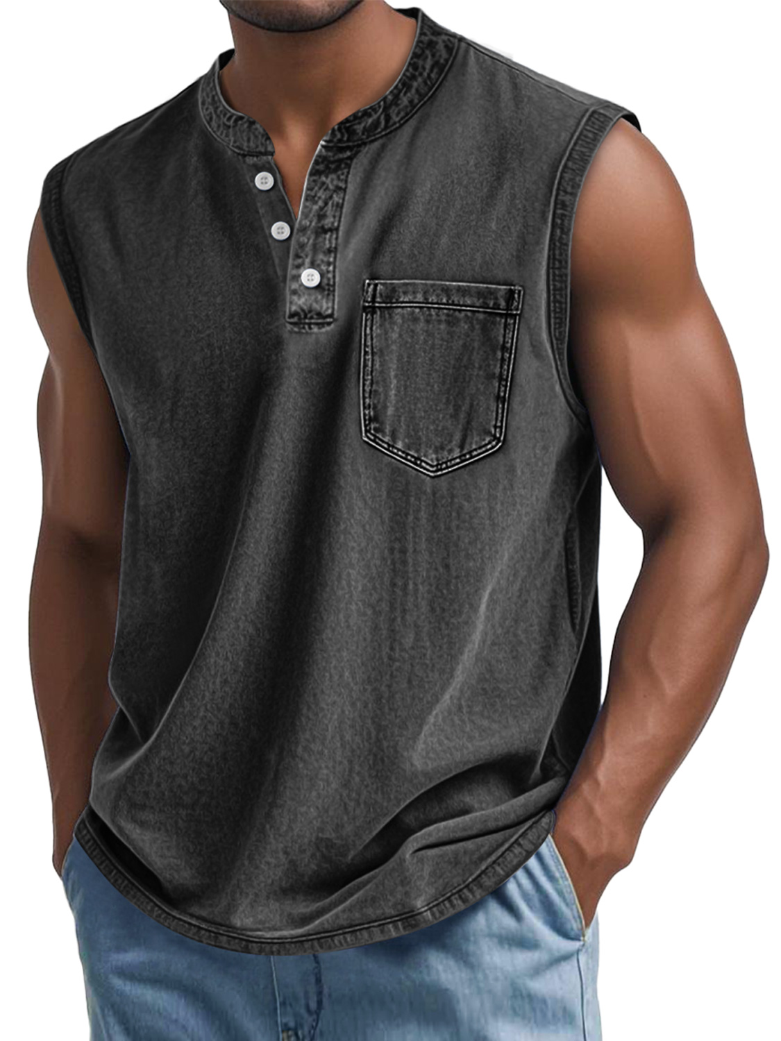 Men's Vintage Washed Cotton Stand Collar Pocket Casual Sleeveless Henley Vest
