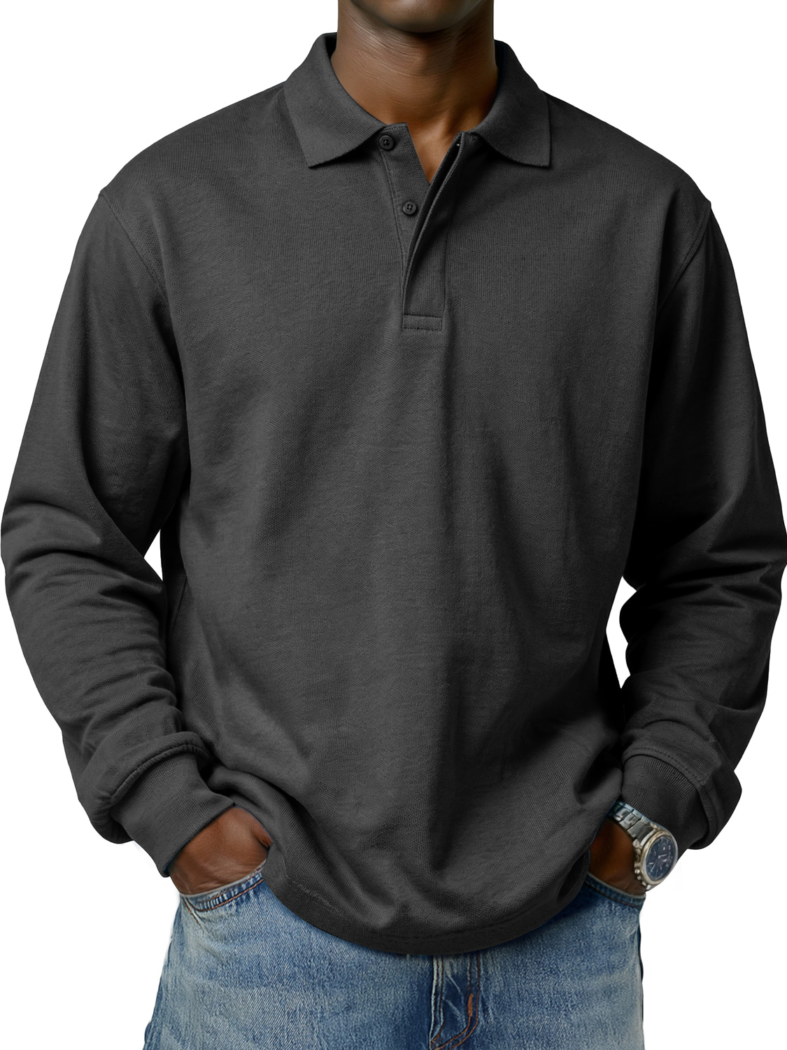 Men's Comfortable and Simple Double-Layer Collar Casual Long-Sleeve Polo Shirt