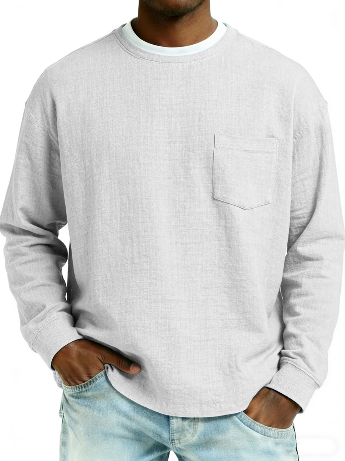 Men's Fashionable Casual Linen Fabric Pocket Long-Sleeved Top