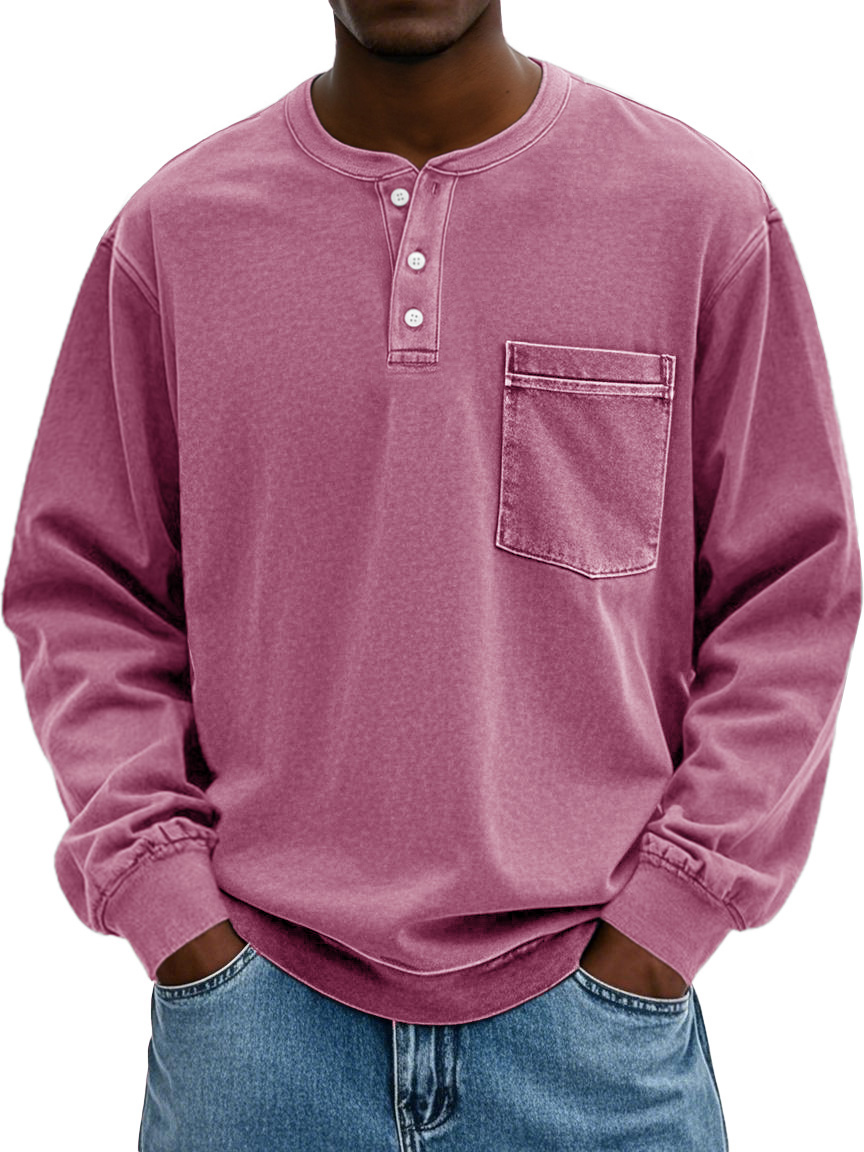 Men's Stylish Vintage Distressed Pocket Lapel Long-sleeved Henley Shirt