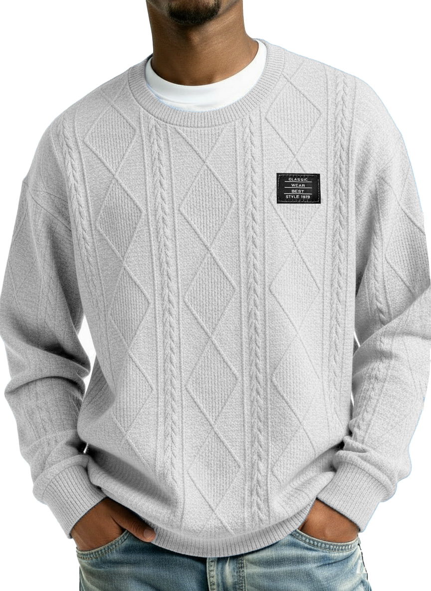 Men's Stylish Vintage Everyday Jacquard Fabric Embroidered Logo Long-sleeved Crew Neck Sweatshirt