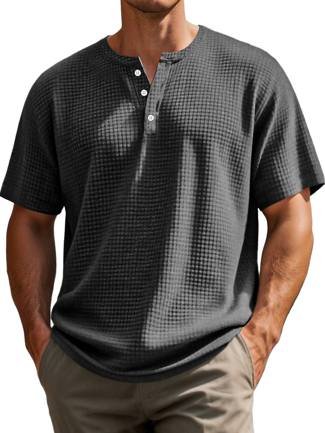 Men's Everyday Waffle Casual Solid Color Short Sleeve Henley Shirt