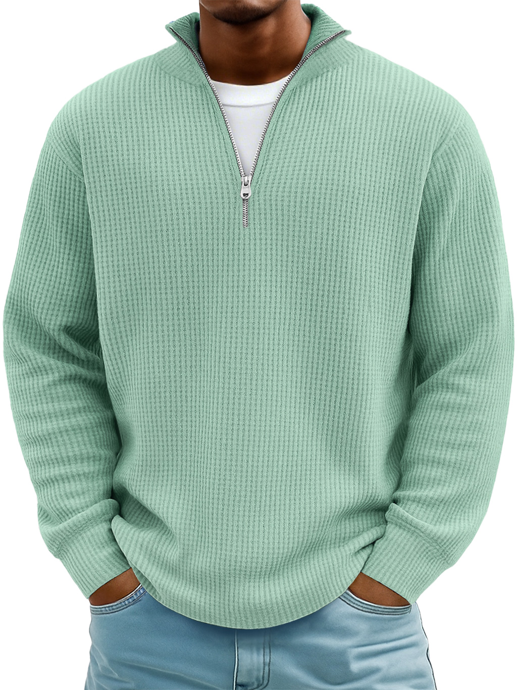 Men's Everyday Waffle Stand Collar Zipper Casual Long Sleeve T-shirt