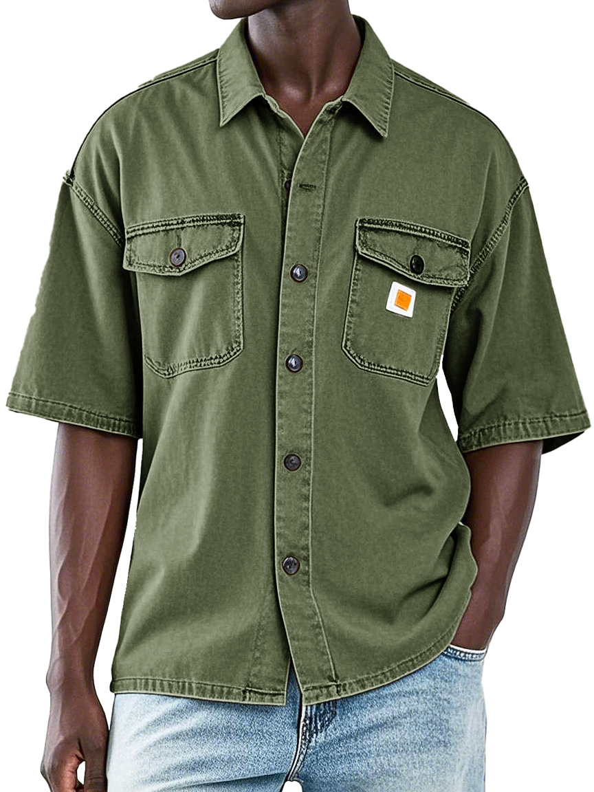 Men's Retro Workwear Double Pocket Lapel Short-sleeved Shirt