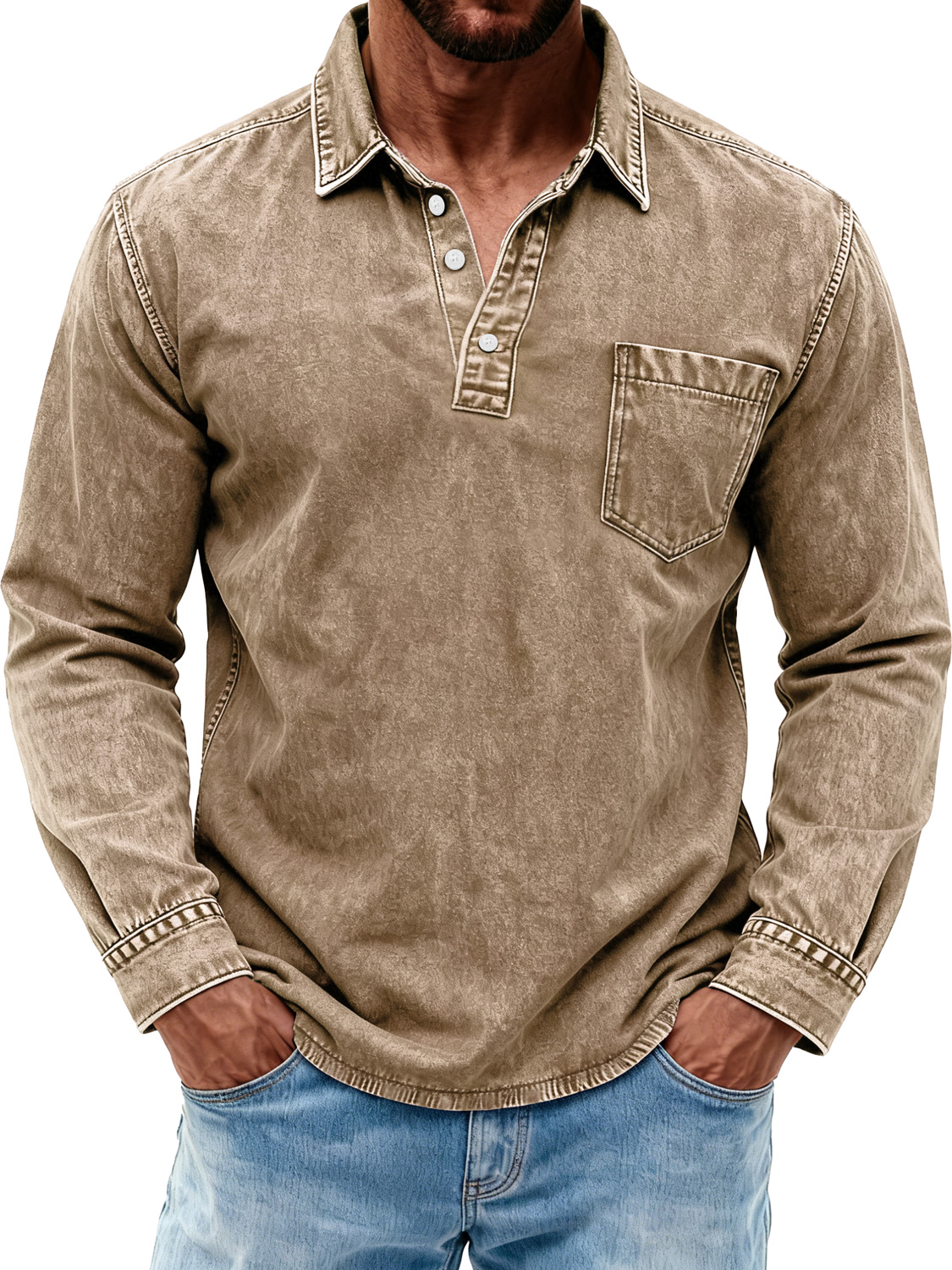 Men's Retro Washed Casual Polo Shirt with Turn-Down Collar and Buttons