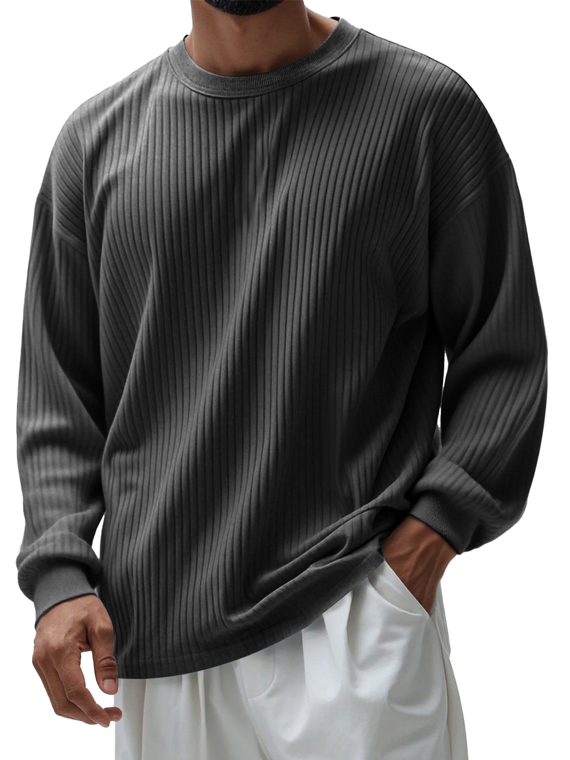 Men's Casual Round Neck Ribbed Comfortable Long Sleeve T-shirt