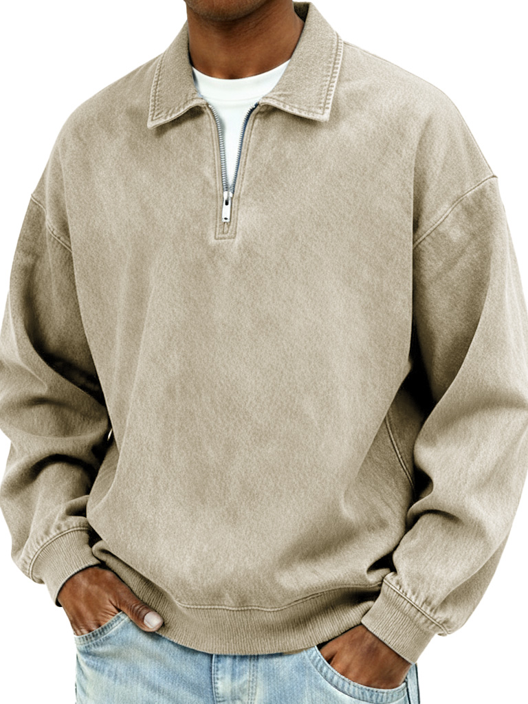 Men's Retro Fashion Distressed Collar Zipper Long-Sleeve Polo Shirt