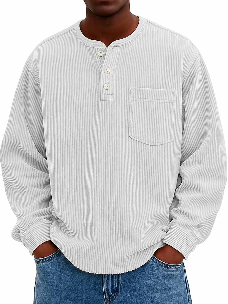 Men's Fashion Casual Corduroy Pocket Long Sleeve Henley Shirt