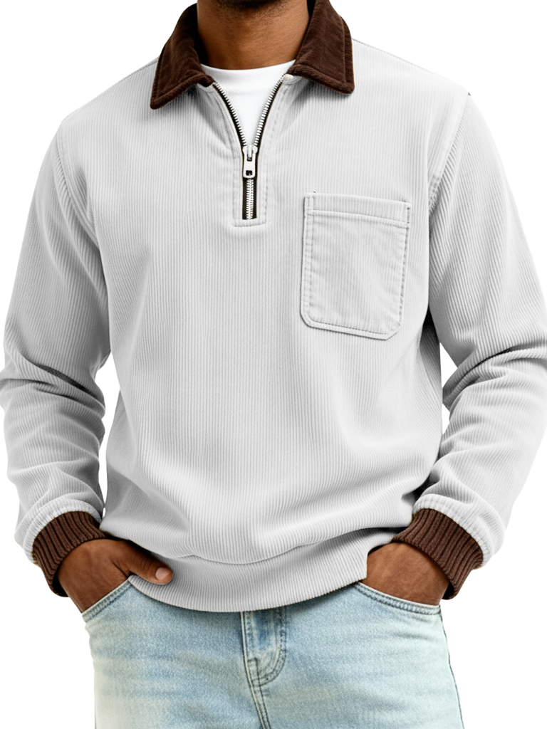 Men's Fashionable Casual Ribbed Patchwork Pocket Long-Sleeved Collared Polo Shirt